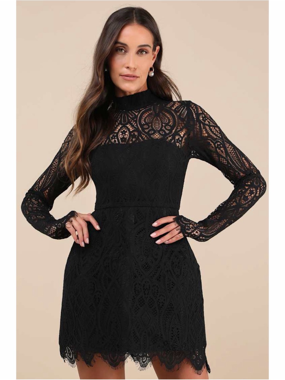 Lulus Black Lace Structured Long Sleeve Mini Dress - Size Medium